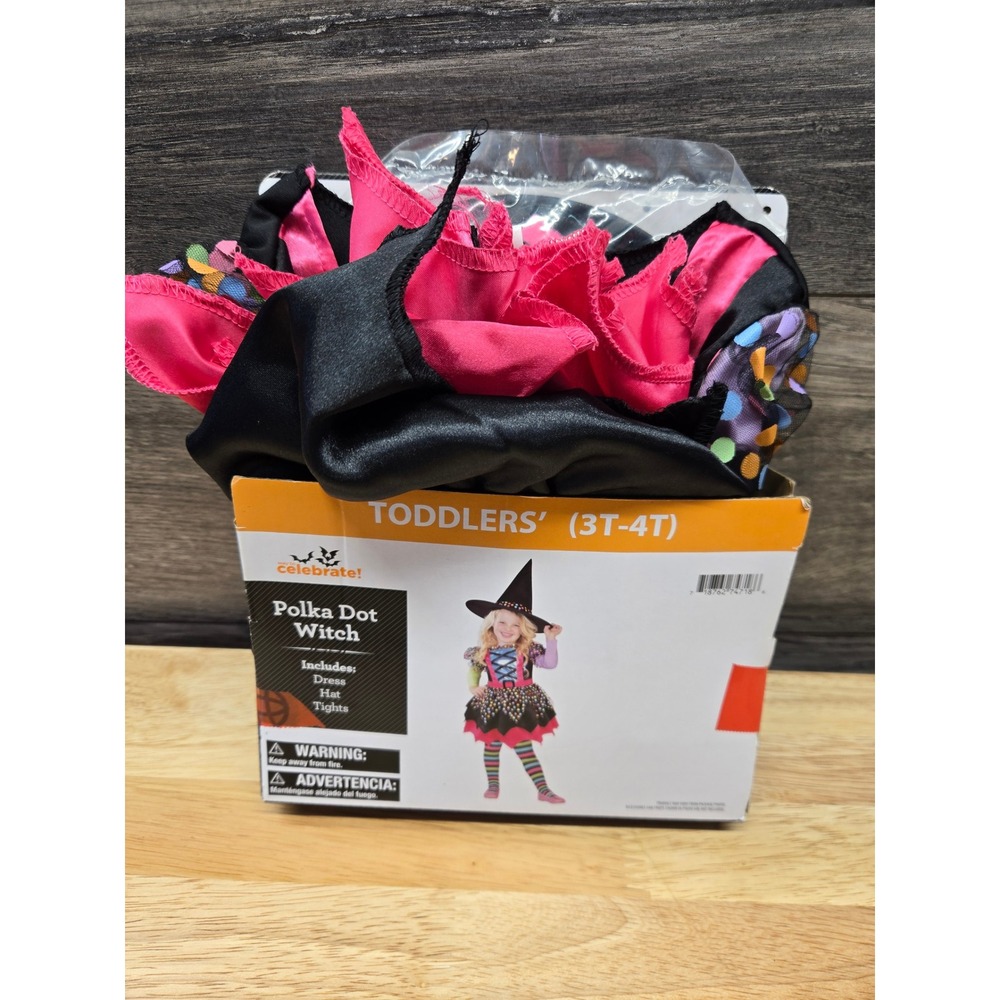 Way to Celebrate Toddler Polka Dot Witch Costume Set 3T-4T Dress Hat Tights